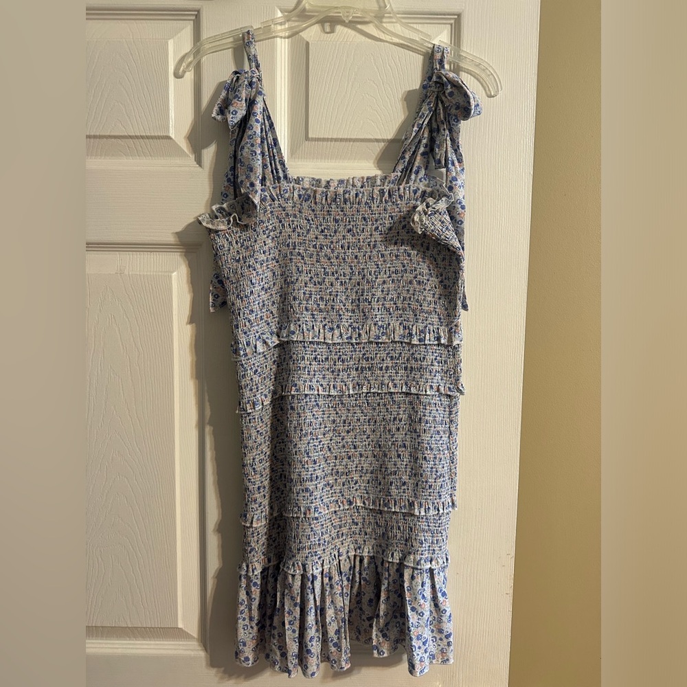 Blue floral smocked tie mini dress